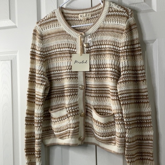 Marled Cream and Brown Striped Knit Cardigan with Front Pockets Size L - Picture 5 of 11